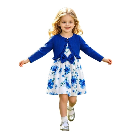 Tiijoy Girls Outfits Bow Floral Sleeveless Dress with Ruffle Cardigan Jacket, Sizes 2-8