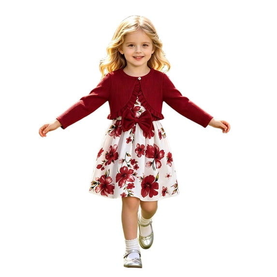 Tiijoy Girls Outfits Bow Floral Sleeveless Dress with Ruffle Cardigan Jacket, Sizes 2-8