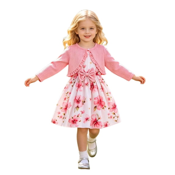 Tiijoy Girls Outfits Bow Floral Sleeveless Dress with Ruffle Cardigan Jacket, Sizes 2-8