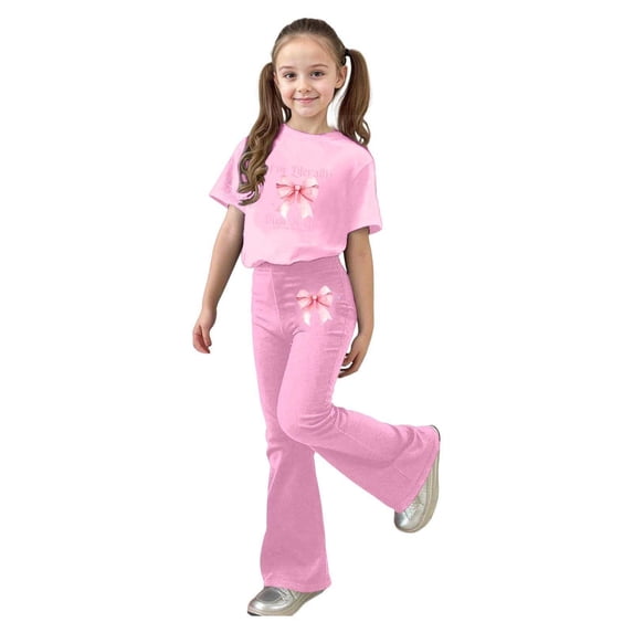 Tiijoy Girls Outfits Bow Print Short Sleeve T Shirt Flare Pants Set, Sizes 7-13