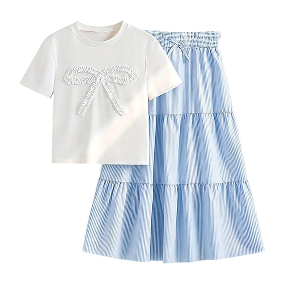 Tiijoy Girls Outfits Bow Short Sleeve T Shirt Tiered A Line Skirt Set, Sizes 9-10