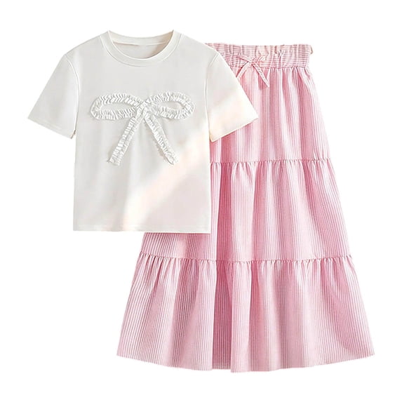 Tiijoy Girls Outfits Bow Short Sleeve T Shirt Tiered A Line Skirt Set, Sizes 9-10