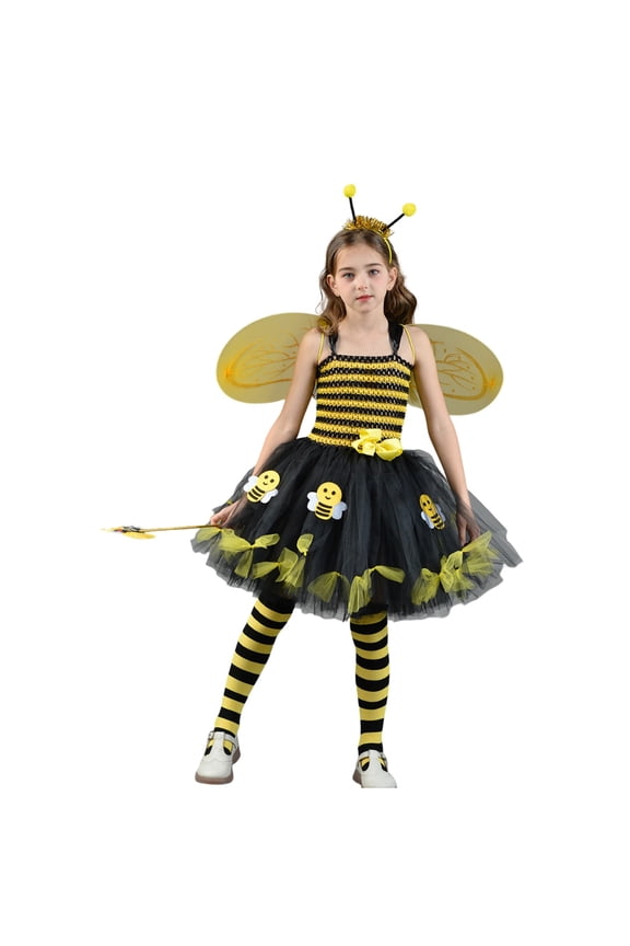 Girls Outfits Cartoon Bee Sleeveless Mesh Dress Wing Stockings Set, Sizes 10-12