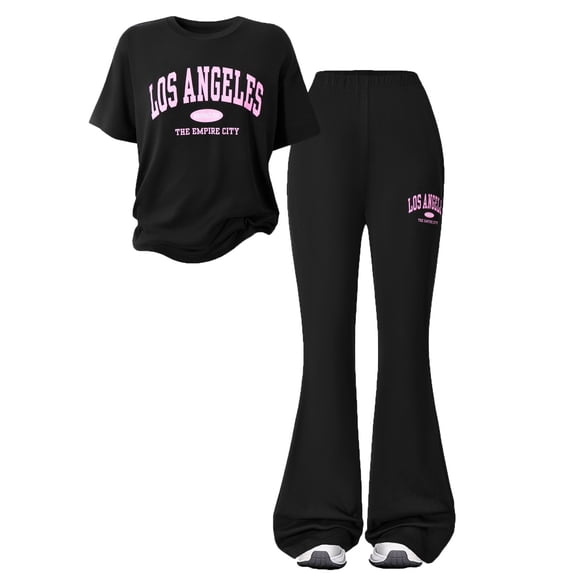Tiijoy Girls Outfits Casual Letter Print Short Sleeve Tee and Flared Pants Set, Sizes 7-12