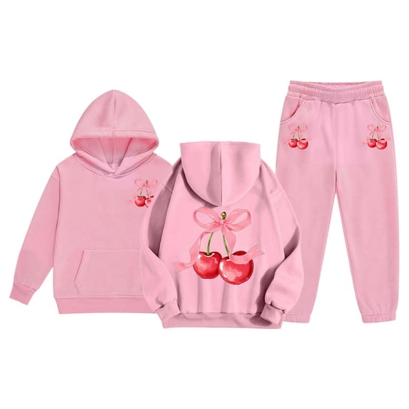Tiijoy Girls Outfits Cherry Bow Graphic Hoodie Jogger Pants Sweatsuits, Sizes 2-13