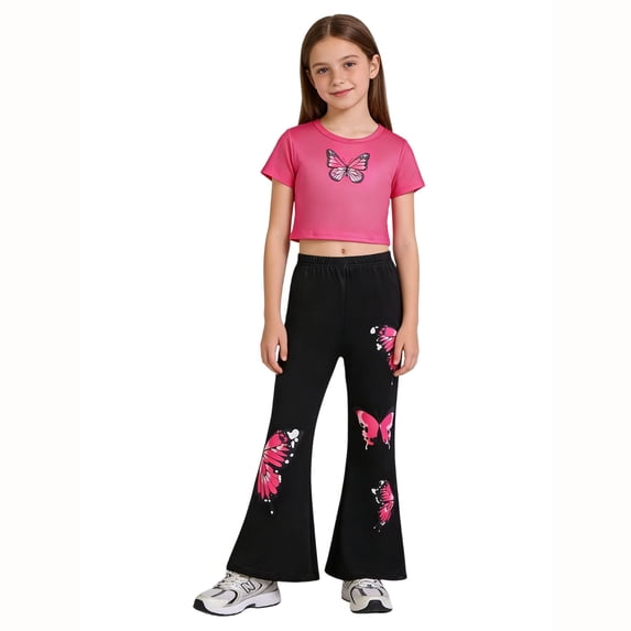 Tiijoy Girls Outfits Fashion Butterfly Short Sleeve Crop Top Flare Pants Set, Sizes 11-12