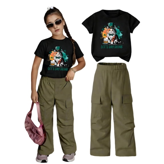 Tiijoy Girls Outfits Fashion Graphic Short Sleeve T-Shirt Cargo Pants Set, Sizes 7-12