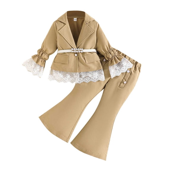 Tiijoy Girls Outfits Lace Flare Sleeve Belted Jacket and Flared Pants Set, Sizes 2-8