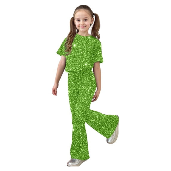 Tiijoy Girls Outfits Sequins Print Short Sleeve T Shirt Flared Pants Set, Sizes 7-13