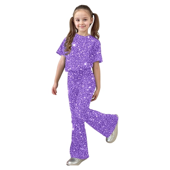 Tiijoy Girls Outfits Sequins Print Short Sleeve T Shirt Flared Pants Set, Sizes 7-13