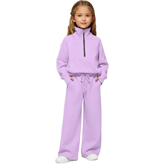 Tiijoy Girls Outfits Solid Half Zip Sweatshirt Sweatpants 2Pcs Set, Sizes 5-16
