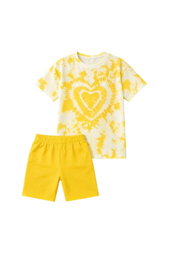 Girls Outfits Summer Heart Tie Dyed Short Sleeve T-Shirt Shorts Set, Sizes 1-14