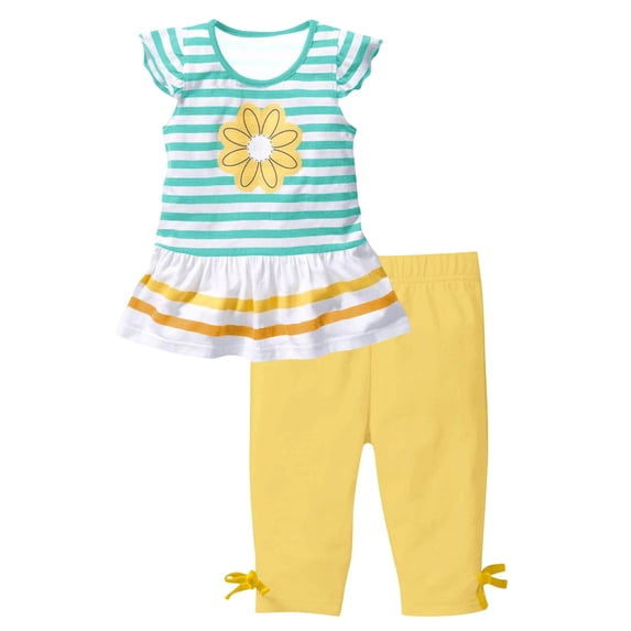 Tiijoy Girls Outfits Sunflower Striped Flutter Sleeve T-Shirt Capris Set, Sizes 9-10