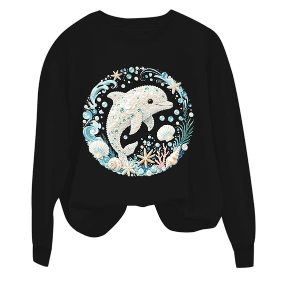 Tiijoy Girls Oversized Dolphin Sweatshirt Cute Graphic Long Sleeve Sweatshirts, Black, Sizes 3-14