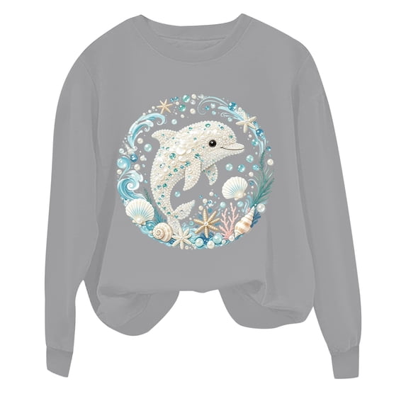 Tiijoy Girls Oversized Dolphin Sweatshirt Cute Graphic Long Sleeve Sweatshirts, Grey, Sizes 3-14