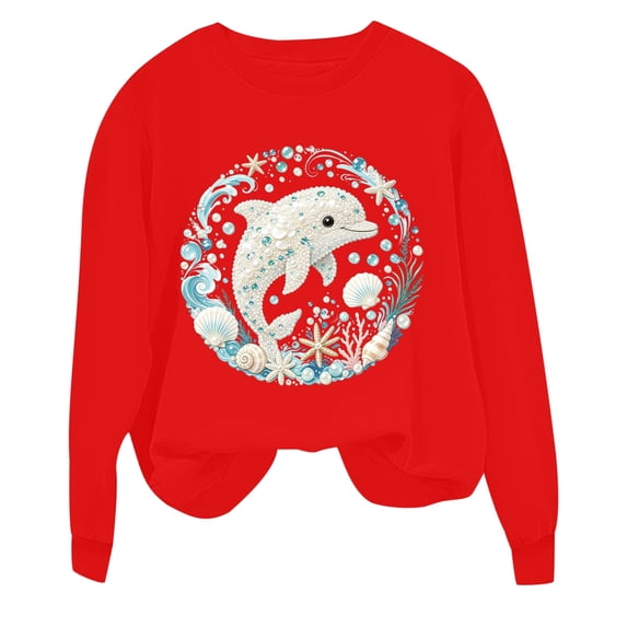 Tiijoy Girls Oversized Dolphin Sweatshirt Cute Graphic Long Sleeve Sweatshirts, Red, Sizes 3-14