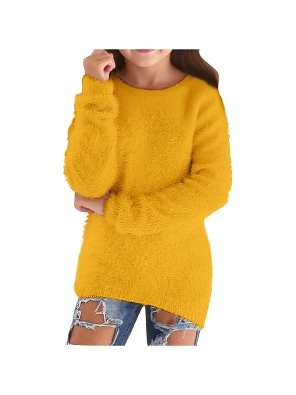 Girls Oversized Sweater Spring Fall Fuzzy Crew Neck Pullover, Sizes 5-16