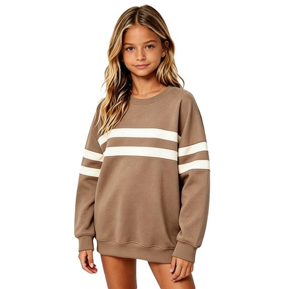 Tiijoy Girls Oversized Sweatshirt Fall Winter Casual Crewneck Pullover, Khaki, Sizes 2-13