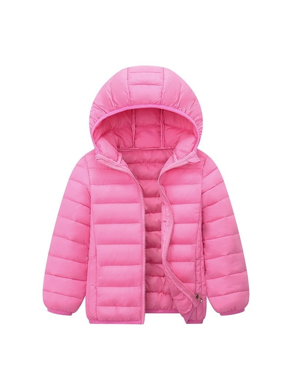 Girls Padded Coat Zip-Up Hooded Puffer Jacket Casual Outerwear, Pink, Sizes 2-14