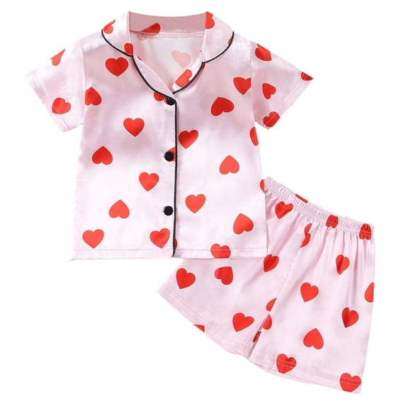 Tiijoy Girls Pajama Set Hearts Print Button Down Short Sleeve Top Shorts PJs, Sizes 1-6
