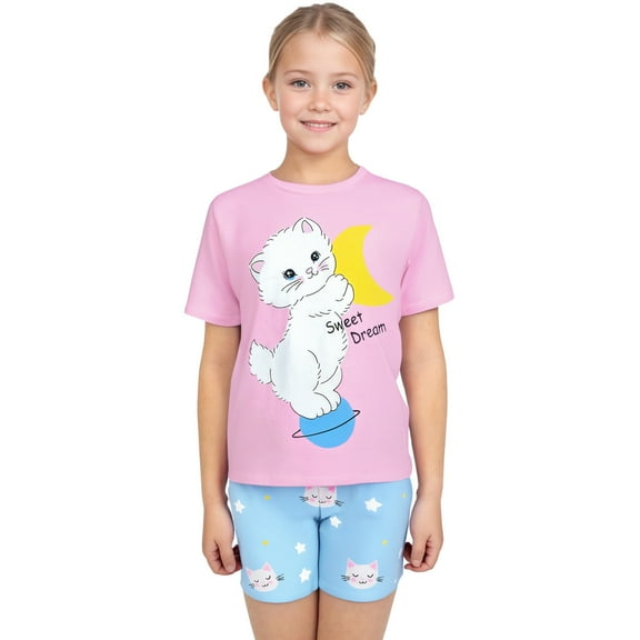 Tiijoy Girls Pajamas Cute Cartoon Cat Print Short Sleeve Top Shorts Homewear, Sizes 3-4
