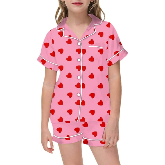 Tiijoy Girls Pajamas Hearts Print Button Down Shirt Shorts Sleepwear Outfits, Sizes 6-7Y