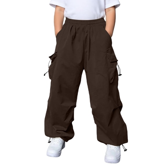 Tiijoy Girls Parachute Pants Fashion Outdoor Baggy Cargo Pants for Kids, Brown, Size 5-15