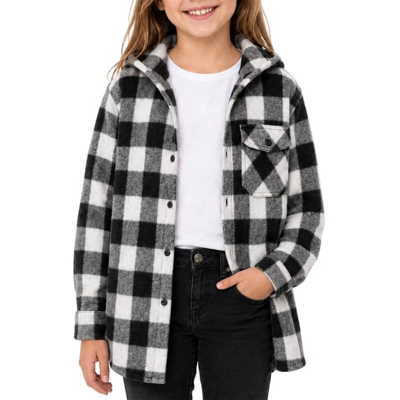 Tiijoy Girls Plaid Hooded Wool Blend Shacket Button-Down Shirt Jacket, Black, Sizes 4-13