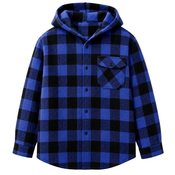 Tiijoy Girls Plaid Hooded Wool Blend Shacket Button-Down Shirt Jacket, Blue, Sizes 4-13