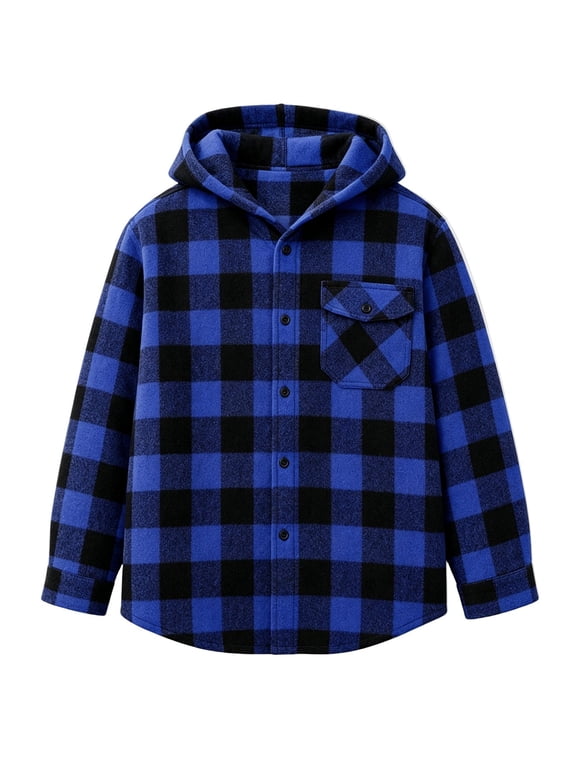 Girls Plaid Hooded Wool Blend Shacket Button-Down Shirt Jacket, Blue, Sizes 4-13