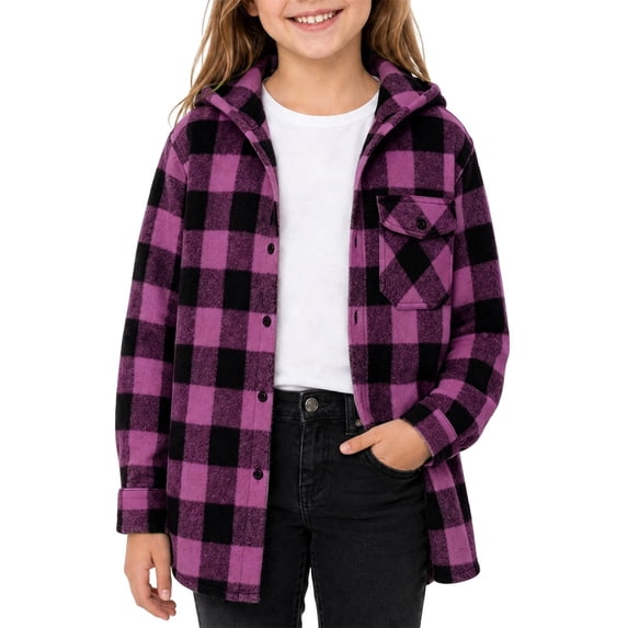 Tiijoy Girls Plaid Hooded Wool Blend Shacket Button-Down Shirt Jacket, Pink, Sizes 4-13