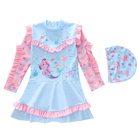 Tiijoy Girls Princess Swimsuit Cute Ruffles Long Sleeved Swim Dress with Hat, Sizes 2-12