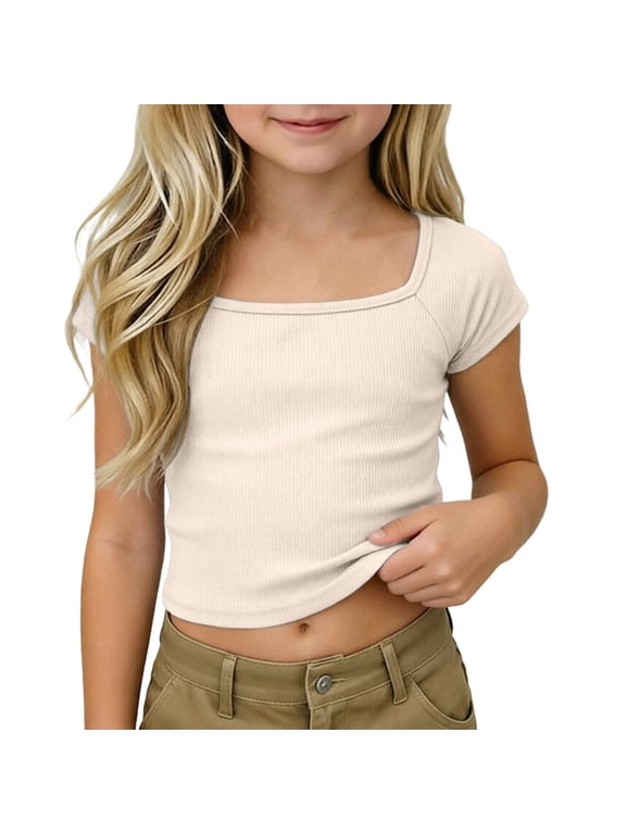 Girls Ribbed Crop Top Casual Short Sleeve Square Neck T-Shirt, Beige, Sizes 4-14