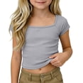 thumbnail image 1 of Tiijoy Girls Ribbed Crop Top Casual Short Sleeve Square Neck T-Shirt, Grey, Sizes 4-14, 1 of 8