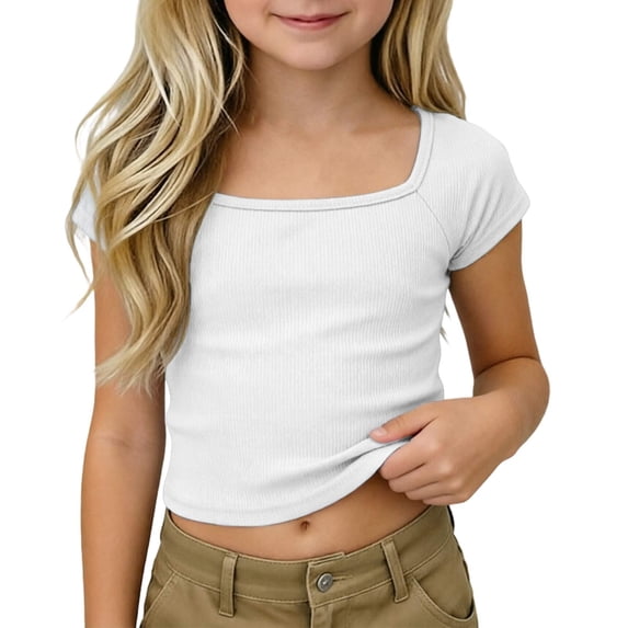 Tiijoy Girls Ribbed Crop Top Casual Short Sleeve Square Neck T-Shirt, White, Sizes 4-14