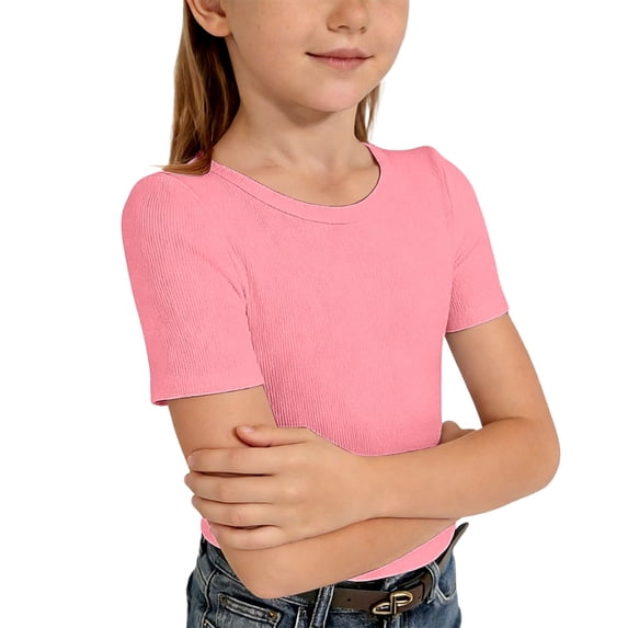 Tiijoy Girls Ribbed Knit Short Sleeve T-Shirt Solid Fitted Crew Neck T Shirt, Sizes 7-14