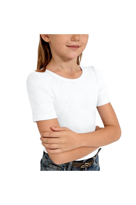 Girls Ribbed Knit Short Sleeve T-Shirt Solid Fitted Crew Neck T Shirt, Sizes 7-14