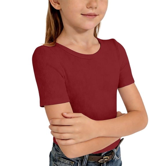 Tiijoy Girls Ribbed Knit Short Sleeve T-Shirt Solid Fitted Crew Neck T Shirt, Sizes 7-14