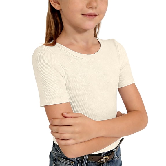 Tiijoy Girls Ribbed Knit Short Sleeve T-Shirt Solid Fitted Crew Neck T Shirt, Sizes 7-14