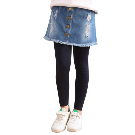 Tiijoy Girls Ripped Denim Skirted Pants Stretch Slim-Fit Legging with Overskirt, Sizes 6-7