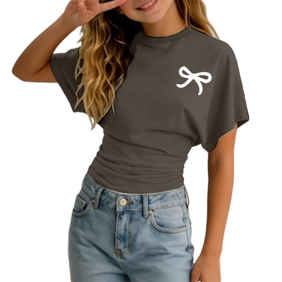 Tiijoy Girls Ruched Tee Bow Print Short Sleeve Crewneck T Shirt Summer Top, Sizes 3-14