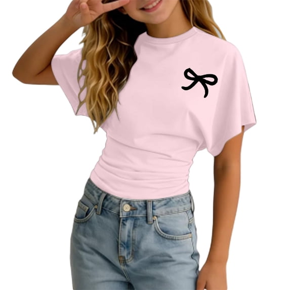 Tiijoy Girls Ruched Tee Bow Print Short Sleeve Crewneck T Shirt Summer Top, Sizes 3-14