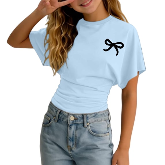 Tiijoy Girls Ruched Tee Bow Print Short Sleeve Crewneck T Shirt Summer Top, Sizes 3-14