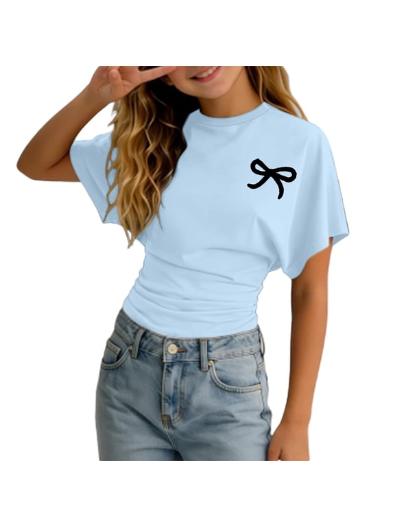 Girls Ruched Tee Bow Print Short Sleeve Crewneck T Shirt Summer Top, Sizes 3-14