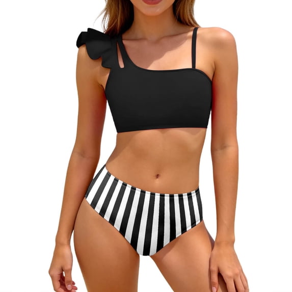 Tiijoy Girls Ruffle Asymmetrical Bikini Swimsuit Striped Swimwear Bathing Suit, Sizes 7-16