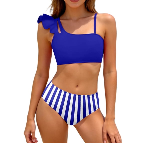 Tiijoy Girls Ruffle Asymmetrical Bikini Swimsuit Striped Swimwear Bathing Suit, Sizes 7-16