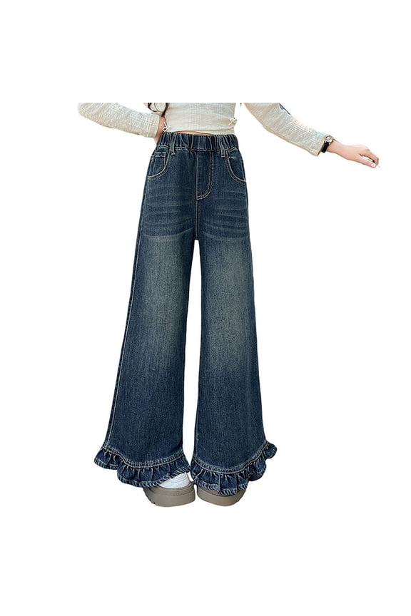 Girls Ruffle High Waisted Jeans Loose Fit Pull On Denim Pants for Kids, Sizes 10-11