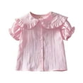 thumbnail image 1 of Tiijoy Girls Ruffle Linen Shirt Short Sleeve Peter Pan Collar Breathable Blouse, Sizes 4-5, 1 of 3