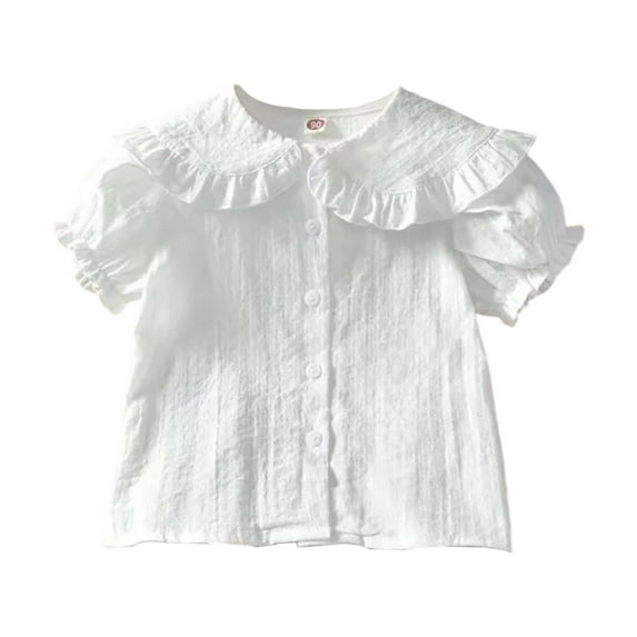 Tiijoy Girls Ruffle Linen Shirt Short Sleeve Peter Pan Collar Breathable Blouse, Sizes 8-9