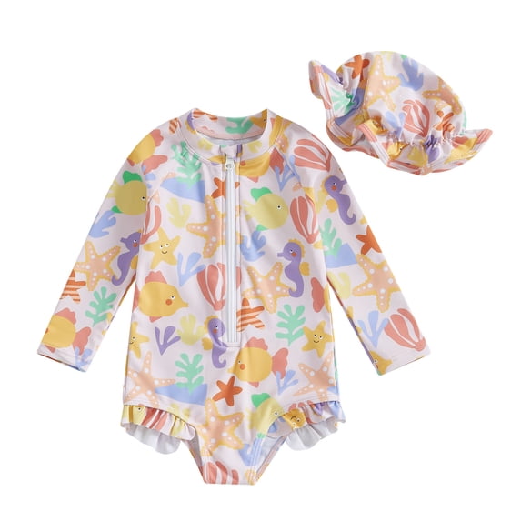 Tiijoy Girls Ruffle Long Sleeve Half Zip Rashguard One-Piece Swimsuit with Hat, Sizes 0-3T